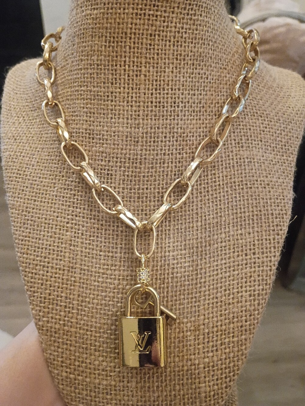 Gold Tone Monogram Necklace With Lock & Key